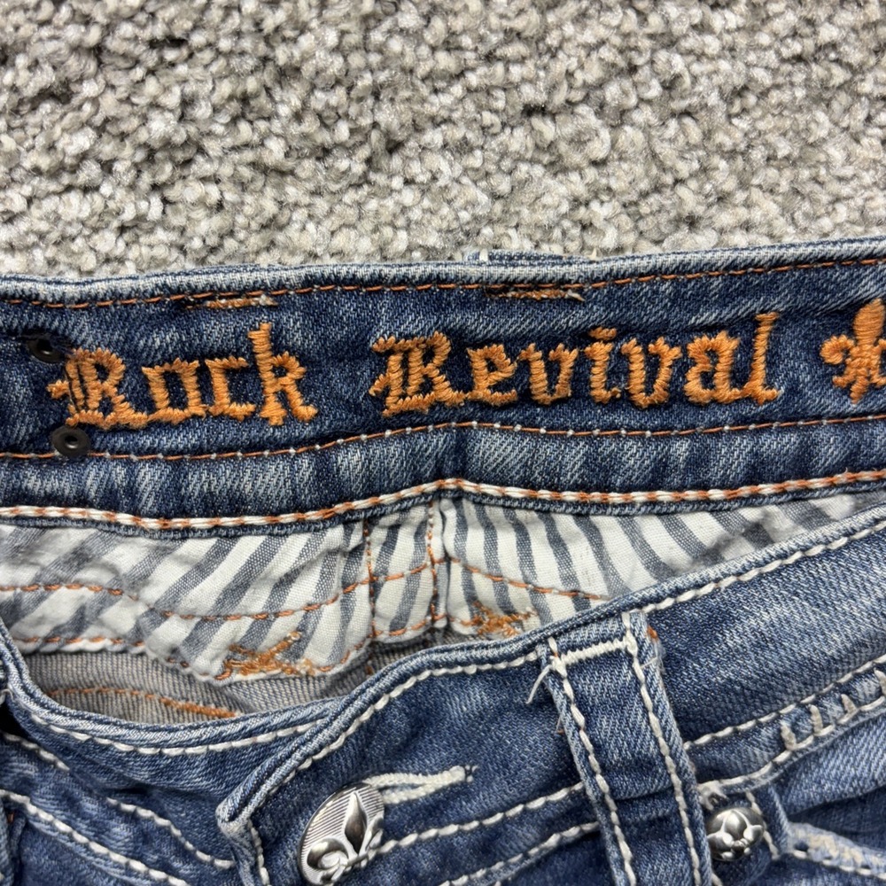 Rock Revival Jen Straight Leg Jeans Rhinestone‎ Distressed Frayed Size 28(30x28) - Picture 14 of 16